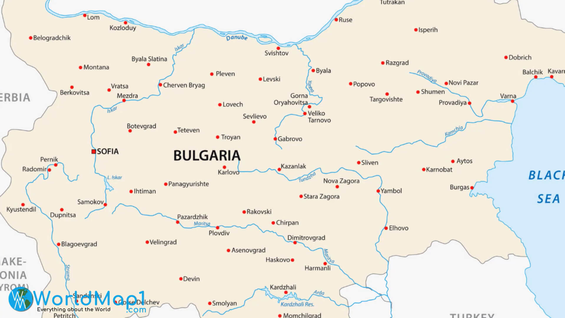 Bulgarien-Karte mit rumänischer Grenze